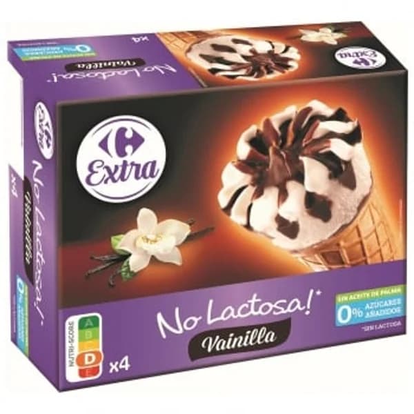 Conos con helado de vainilla Carrefour Extra sin lactosa y sin azúcar añadido 4 ud. - 4.01 ud - Imagen del producto en Findit