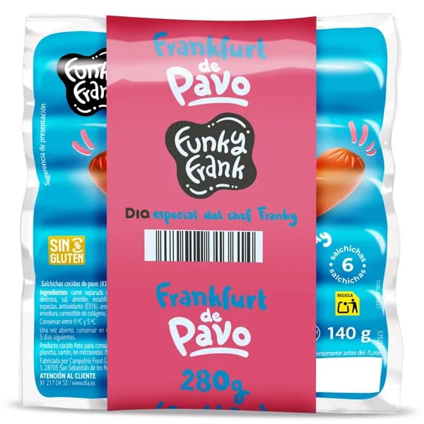 Salchichas frankfurt de pavo Funky Frank de Dia bolsa 2 x 140 g - 0.28 kg - Imagen del producto en Findit