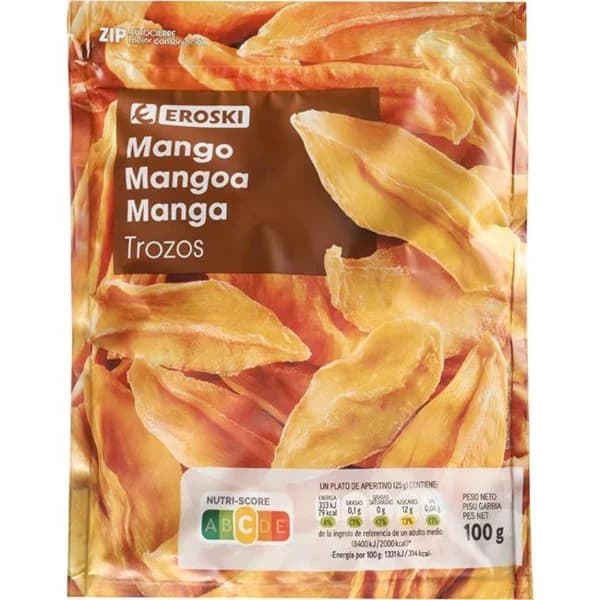 Mango deshidratado EROSKI, bolsa 100 g - 0.1 kg - Imagen del producto en Findit