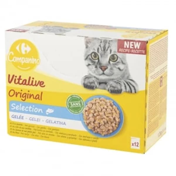 Gelatina selección de pescados para gatos adulto Vitalive Carrefour 12 sobres de 100 g. - 1.2 kg - Imagen del producto en Findit