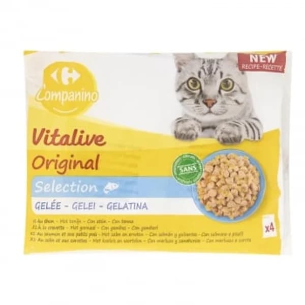 Gelatina selección de pescados para gatos adulto Vitalive Carrefour 4 sobres de 100 g. - 0.4 kg - Imagen del producto en Findit