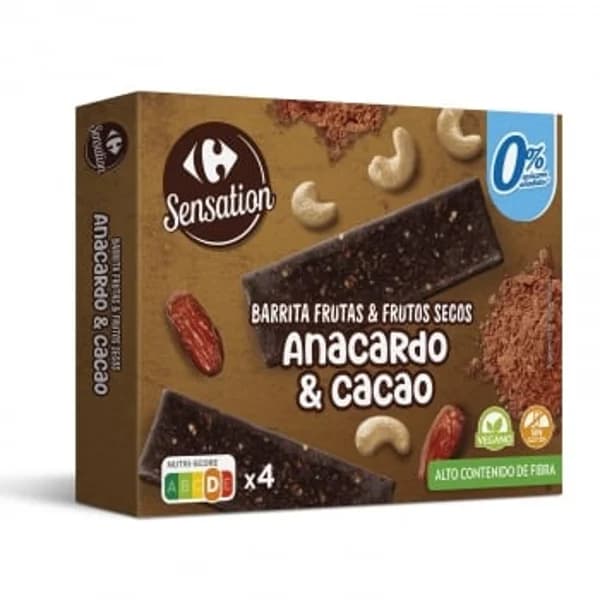 Barritas de frutas y frutos secos con chocolate Carrefour Sensation sin gluten y sin azúcar añadido 120 g. - 0.12 kg - Imagen del producto en Findit