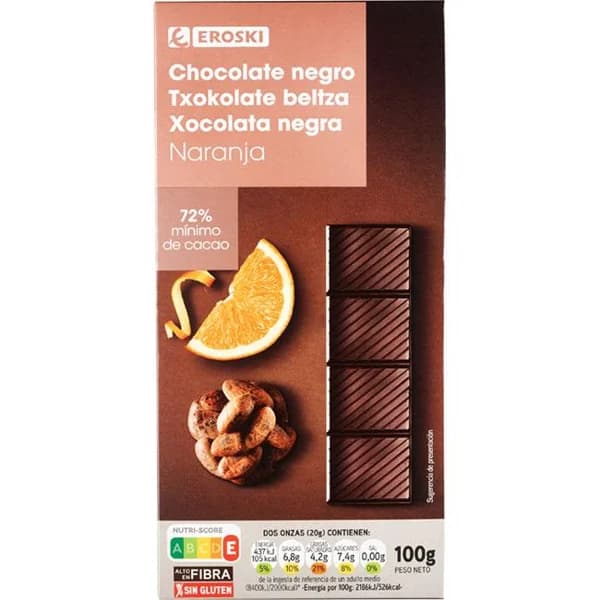 Chocolate negro 72% cacao-naranja EROSKI, tableta 100 g - 0.1 kg - Imagen del producto en Findit
