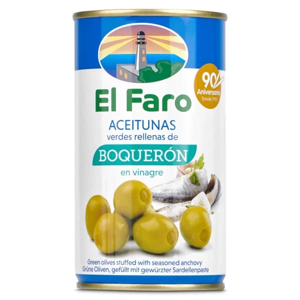 Aceitunas verdes rellenas de boquerón en vinagre El faro lata 150 g - 0.15 kg - Imagen del producto en Findit