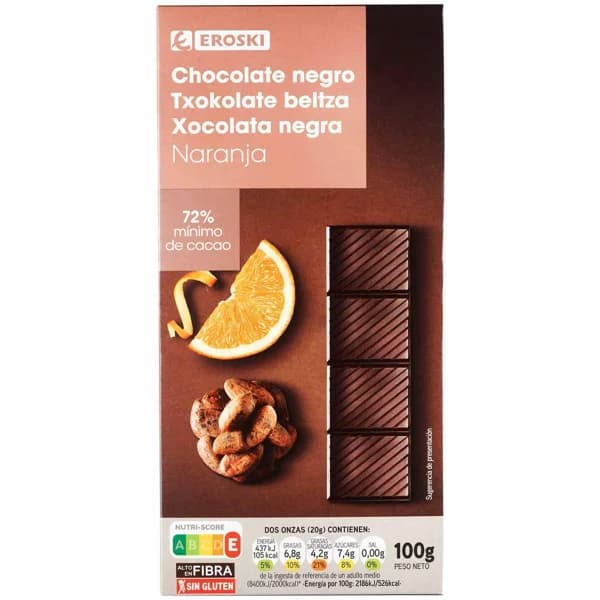 Chocolate negro 72% cacao-naranja EROSKI, tableta 100 g - 0.1 kg - Imagen del producto en Findit