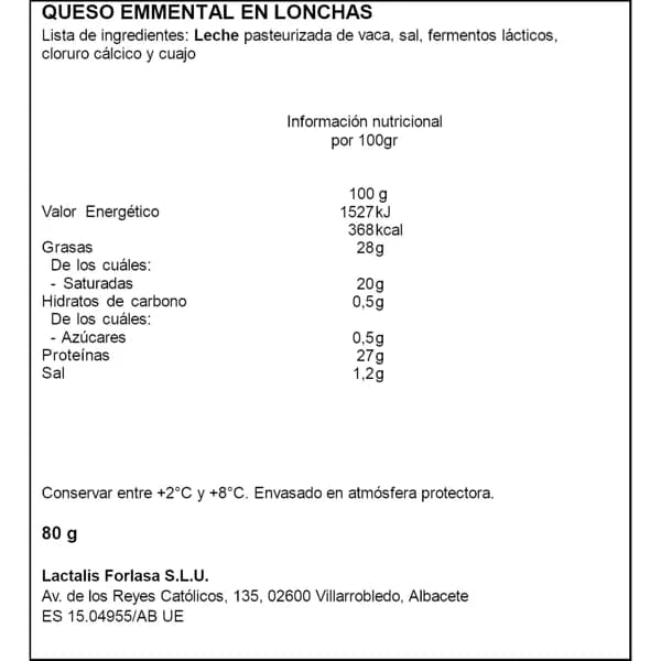 Queso Emmental Lonchas 80G - 0.07 kg - Imagen del producto en Findit
