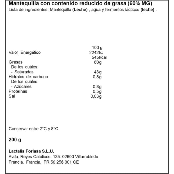 Mantequilla Pastilla 60%M.G. 200G - 0.2 kg - Imagen del producto en Findit