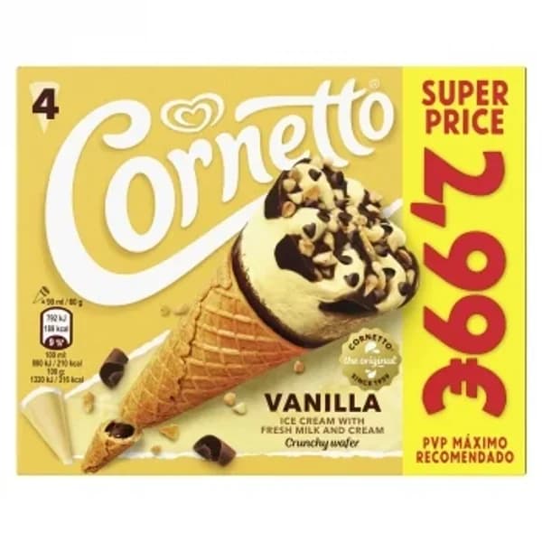 Helado de vainilla Cornetto 4 uds. - 3.99 ud - Imagen del producto en Findit