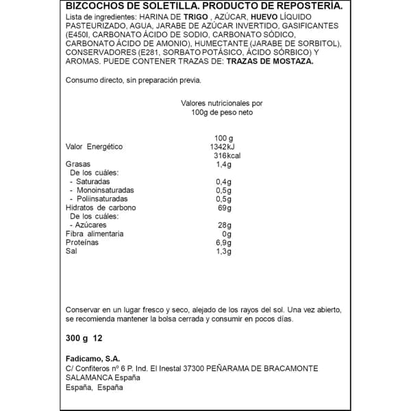 Bizcocho Soletilla 300 GR - 0.3 kg - Imagen del producto en Findit