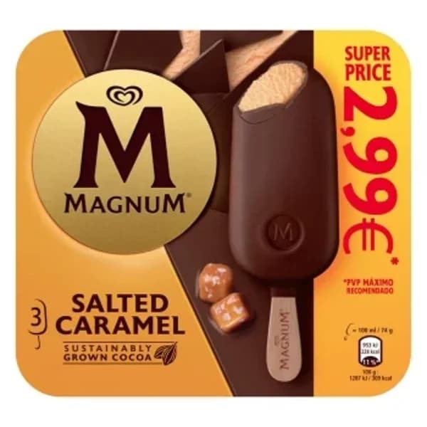 Helado de caramelo salado recubierto de chocolate con leche Magnum 3 uds. - 2.99 ud - Imagen del producto en Findit