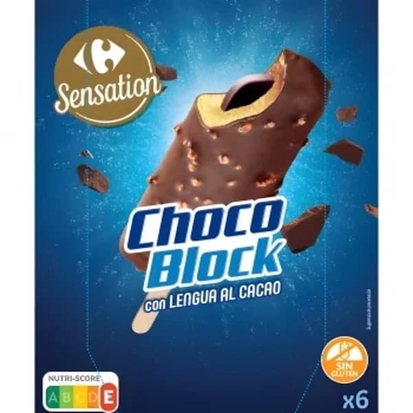 Helado Chocoblock con lengua al cacao Carrefour Sensation sin gluten 6 uds. - 5.98 ud - Imagen del producto en Findit