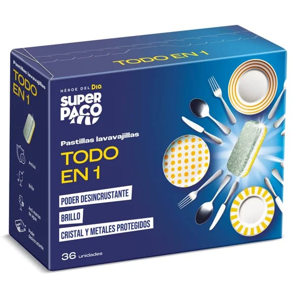 Lavavajillas máquina todo en 1 Super Paco de Dia caja 36 unidades - 35.64 ud - Imagen del producto en Findit