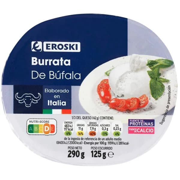 Burrata de búfala EROSKI, tarrina 125 g - 0.13 kg - Imagen del producto en Findit