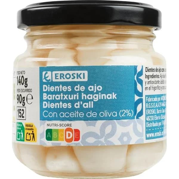 Dientes de ajo en aceite de oliva EROSKI, frasco 80 g - 0.08 kg - Imagen del producto en Findit