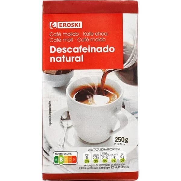 Café molido natural descafeinado EROSKI, paquete 250 g - 0.25 kg - Imagen del producto en Findit