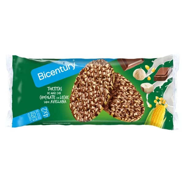 BICENTURY Tortitas de maiz con chocolate con leche y sabor avellana 4 x 2 108 g. - 0.14 kg - Imagen del producto en Findit