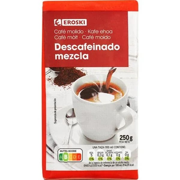 Café molido descafeinado mezcla EROSKI, paquete 250 g - 0.25 kg - Imagen del producto en Findit