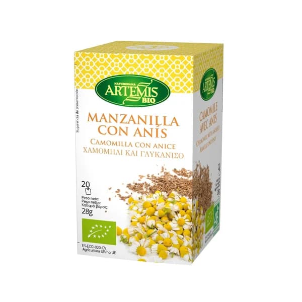 ARTEMIS BIO Manzanilla con anis infusión procedente de agricultura ecológica ARTEMIS BIO 20 bolsitas 28 g. - 1 ud - Imagen del producto en Findit