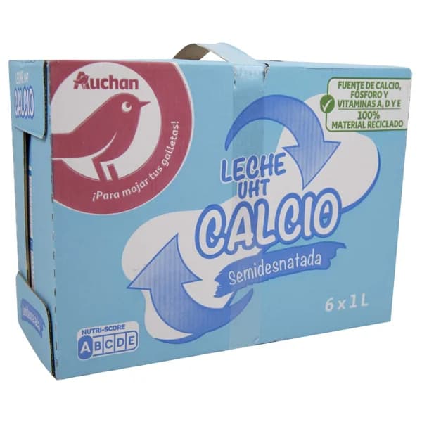 AUCHAN Leche semidesnatada, enriquecida con calcio 6 x 1 l. Producto Alcampo - 6 l - Imagen del producto en Findit