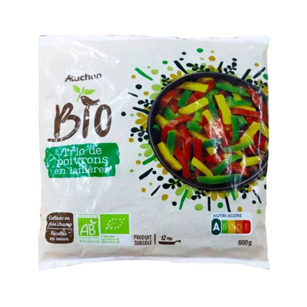 AUCHAN Pimientos (verde, rojo y amarillo) cortados en tiras 600 g. Producto Alcampo - 0.6 kg - Imagen del producto en Findit