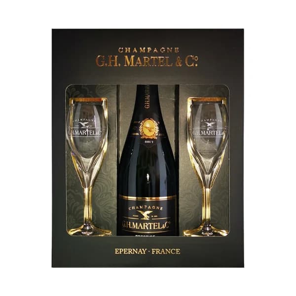 G.H. MARTEL & Cº Estuche con botella de champagne brut + 2 copas botella de 75 cl. - 1 ud - Imagen del producto en Findit