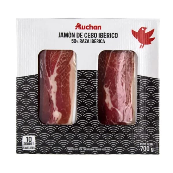 AUCHAN Maletín con 10 sobres de 70 g. de jamón de cebo ibérico (50% raza ibérica). Producto Alcampo - 0.7 kg - Imagen del producto en Findit