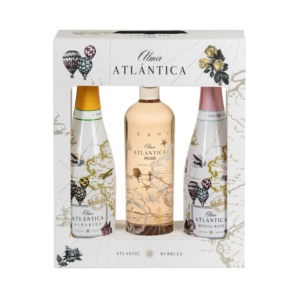 ALMA ATLÁNTICA  Estuche con vino blanco espumos albariño, vino rosado espumoso (Méncía) y vino rosado ALMA ATLÁNTICA. - 1 ud - Imagen del producto en Findit