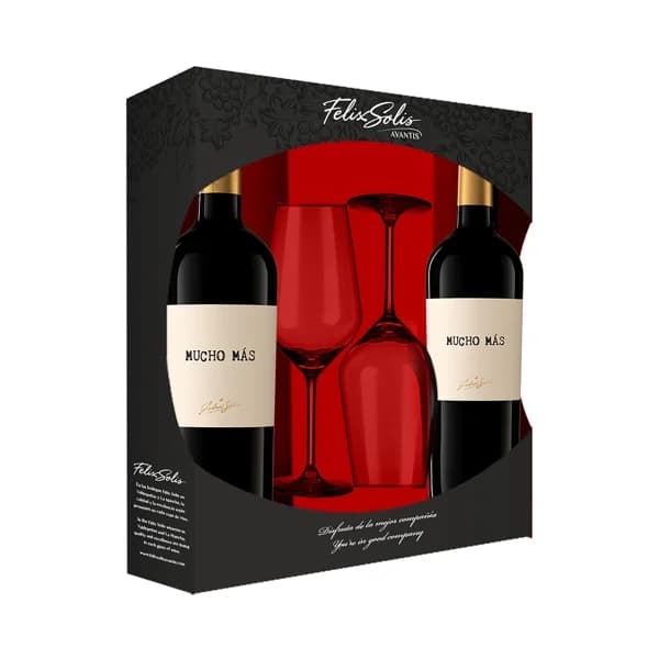MUCHO MÁS  Estuche con 2 botellas de vino tinto + 2 copas. - 1 ud - Imagen del producto en Findit