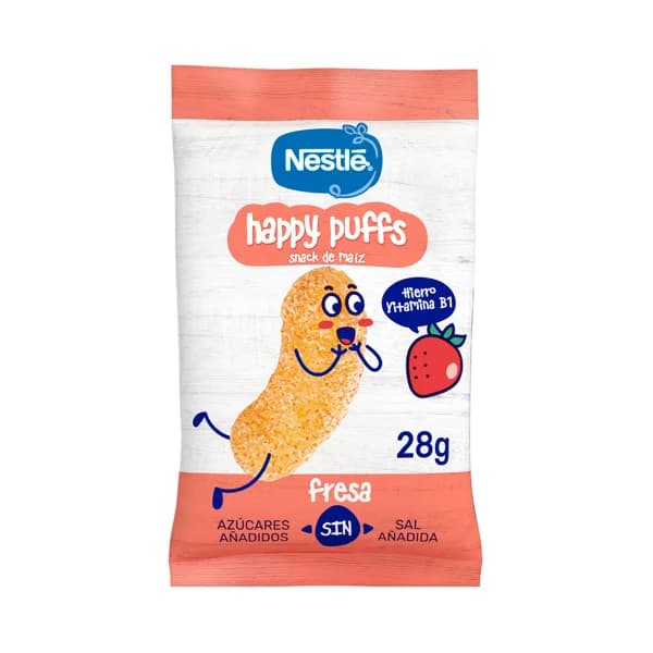 NESTLÉ Snack a base de maíz con plátano y fresa, a partir de 1 año NESTLÉ Happy puffs 28 g. - 1 ud - Imagen del producto en Findit
