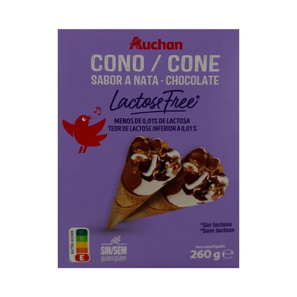 AUCHAN Conos de helado de nata y chocolate, sin gluten y sin lactosa 4 x 120 ml. Producto Alcampo - 0.48 l - Imagen del producto en Findit