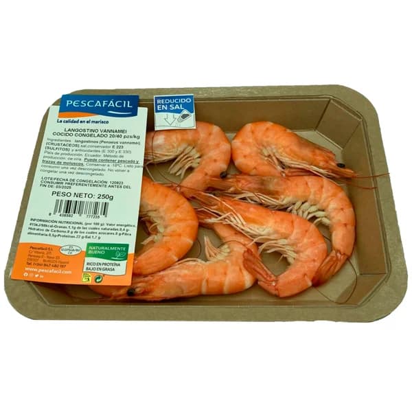 PESCAFACIL Langostino vannamei cocido reducido sal 20/40 250 g. - 0.25 kg - Imagen del producto en Findit