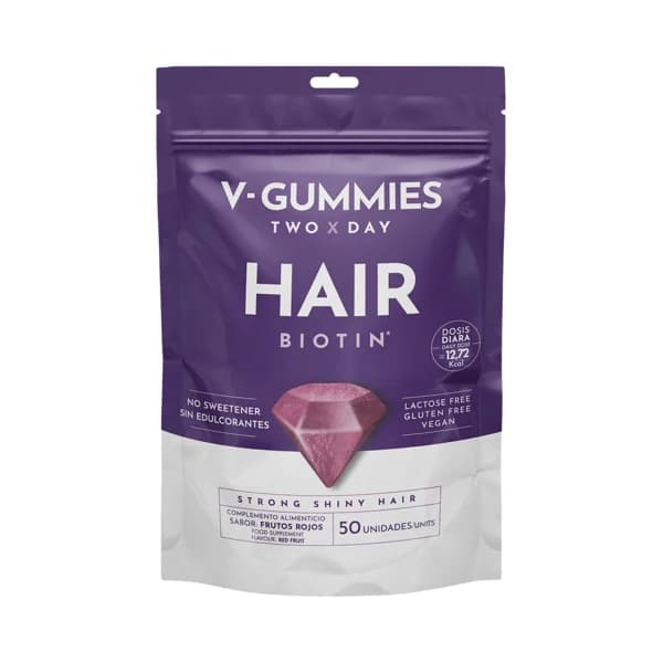 V-GUMMIES Hair Complemento nutricional sin edulcorantes, con biotina y sabor a frutos rojos 50 uds. - 0.11 kg - Imagen del producto en Findit