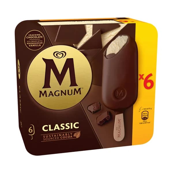 MAGNUM Classic de frigo helado de vainilla recubierto de crujiente chocolate con leche 6 x 100 ml. - 0.66 l - Imagen del producto en Findit