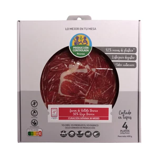 ALCAMPO CULTIVAMOS LO BUENO  Estuche con sobres de jamón de bellota ibérico (50% raza ibérica), cortado en tapas  4 x 100 g. - 0.4 kg - Imagen del producto en Findit
