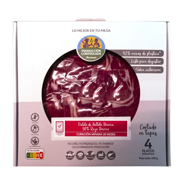 ALCAMPO CULTIVAMOS LO BUENO  Paleta de bellota ibérica (50% raza ibérica) cortada en tapas  4 sobres de 100 g. - 0.4 kg - Imagen del producto en Findit
