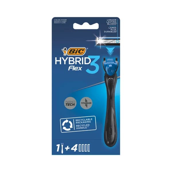BIC Máquina de afeitar con cabezal de 3 hojas y 4 recambios BIC Hybrid 3 flex. - 1 ud - Imagen del producto en Findit