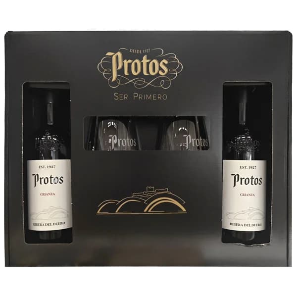 PROTOS  Estuche con 2 botellas de vino tinto crianza con D.O. Ribera del Duero + 2 copas. - 1 ud - Imagen del producto en Findit