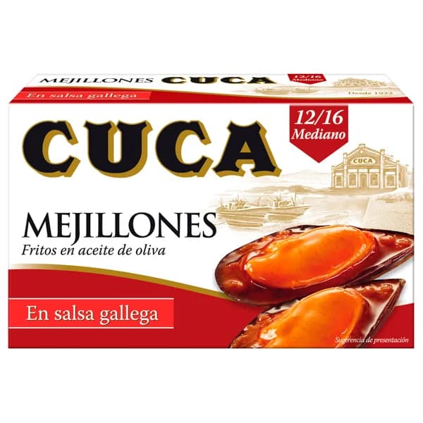 CUCA Mejillones fritos en aceite de oliva,salsa Gallega, 12/16 piezas lata de 65 g. - 0.07 kg - Imagen del producto en Findit