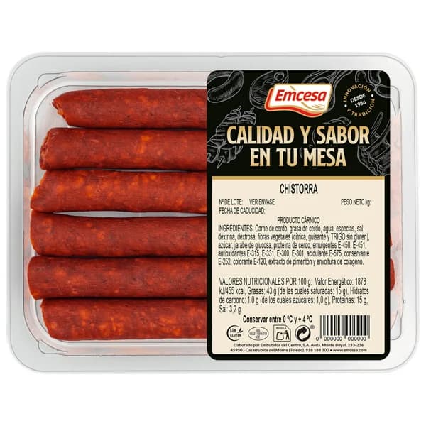 EMCESA Bandeja con chistorra roja, elaborada sin gluten 320 g. - 0.32 kg - Imagen del producto en Findit