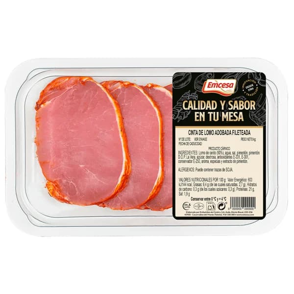 EMCESA Bandeja de filetes de cinta lomo de cerdo adobado, elaborados sin gluten 260 g. - 1 ud - Imagen del producto en Findit