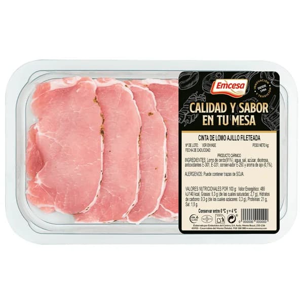 EMCESA Bandeja de filetes de cinta de lomo de cerdo al ajillo, elaborados sin gluten 260 g. - 0.26 kg - Imagen del producto en Findit
