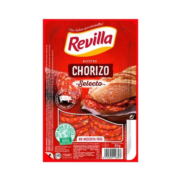 REVILLA Chorizo selecto, elaborado sin gluten y cortado en lonchas REVILLA 65 g. - 0.07 kg - Imagen del producto en Findit