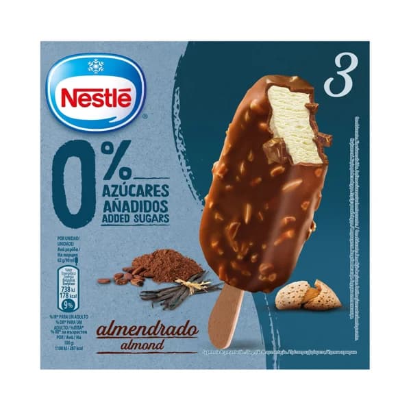 NESTLÉ Helado de vainilla con chocolate y trocitos de almendra, sin azúcares añadidos 3 x 90 ml. - 0.27 l - Imagen del producto en Findit