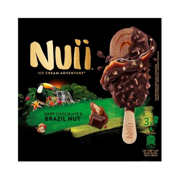 NUII Helado de chocolate y caramelo, recubierto de chocolate negro y trocitos de nueces de Brasil 3 x 90 ml. - 0.27 l - Imagen del producto en Findit