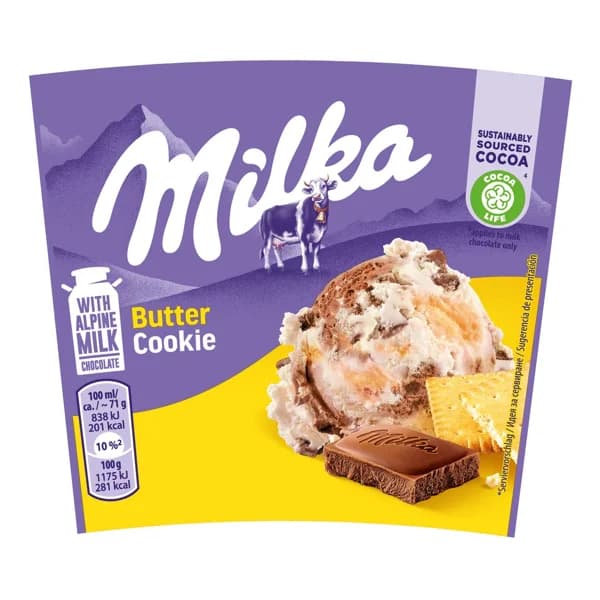 MILKA Tarrina de helado de vainilla con galletas de mantequilla y trozos de chocolate 425 ml. - 0.43 l - Imagen del producto en Findit