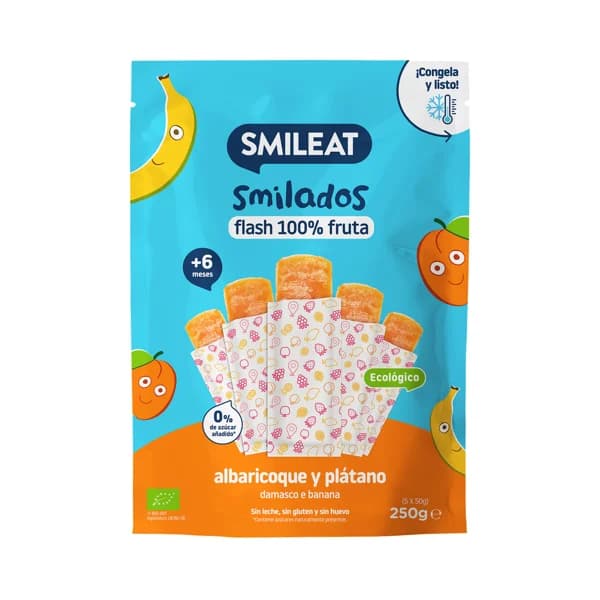 SMILEAT Flash 100% de fruta ecológica (albaricoque y plátano), sin azúcares añadidos, a partir de 6 meses 5 x 50 g. - 0.25 kg - Imagen del producto en Findit