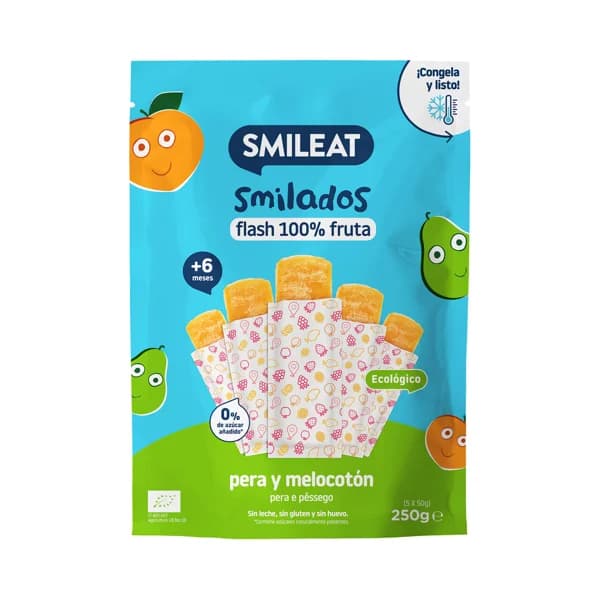 SMILEAT Flash 100% de fruta ecológica (pera y melocotón), sin azúcares añadidos, a partir de 6 meses SMILEAT 5 x 50 g. - 0.25 kg - Imagen del producto en Findit