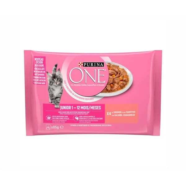 PURINA ONE Comida para gatos junior 1 -12 meses a base de salsa con salmón y zanahoria PURINA ONE 4 uds. 85 g. - 0.34 kg - Imagen del producto en Findit