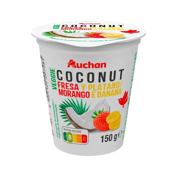 AUCHAN Yogur vegetal de coco con fresa-platano sin azúcar 150 g. Producto Alcampo. - 0.15 kg - Imagen del producto en Findit