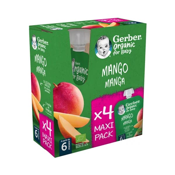 GERBER Organic Bolsitas de frutas (mango), a paritr de 6 meses 4 x 90 g. - 0.36 kg - Imagen del producto en Findit